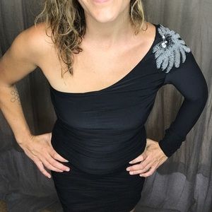 Vintage One Sleeve Sequin Embellished Ruched Dress